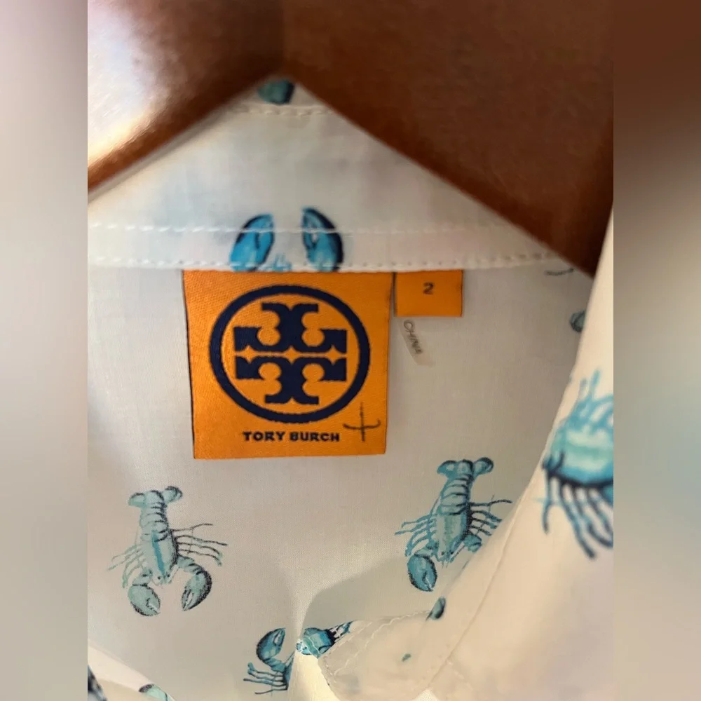 Tory Burch Women’s Brigitte Lobster Print Button Up Shirt - White/Turquoise- 2